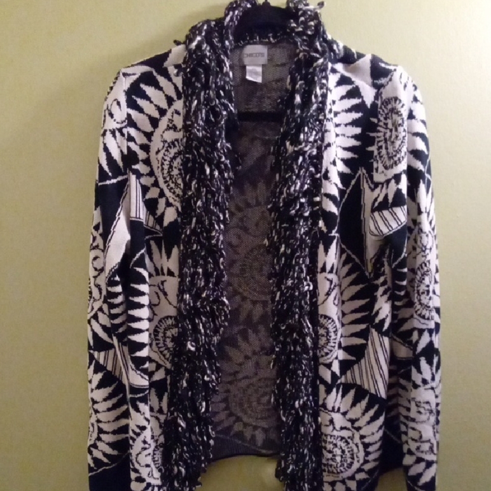 Womans 2 Chico's Boho Black and White Cardigan Sweater Heavyweight Fringed